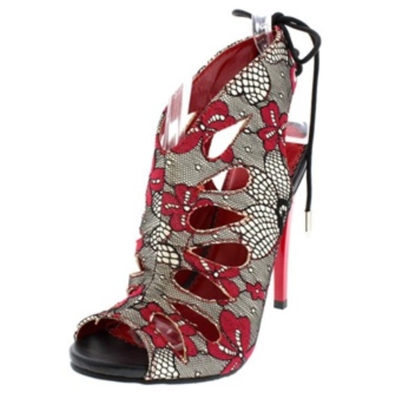 Red Lace High Heel Sandal - Picture 2 of 6